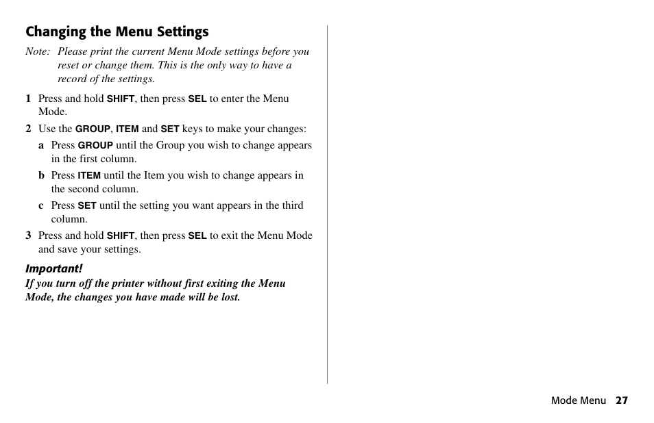 Changing the menu settings | Oki 80 Series User Manual | Page 27 / 97