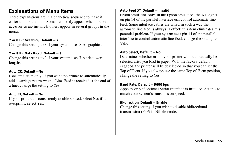Explanations of menu items | Oki 80 Series User Manual | Page 35 / 97