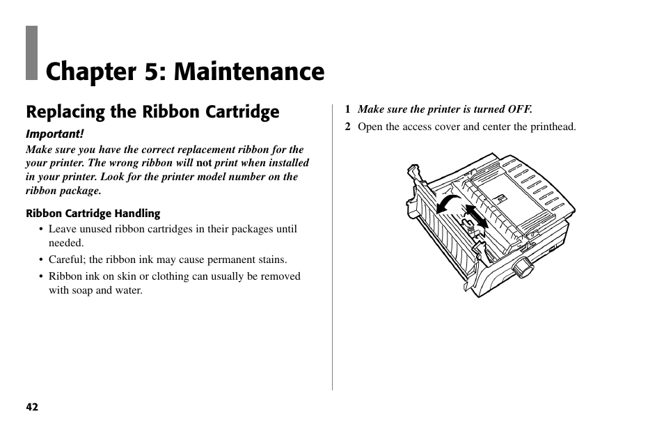 Chapter 5: maintenance, Replacing the ribbon cartridge | Oki 80 Series User Manual | Page 42 / 97