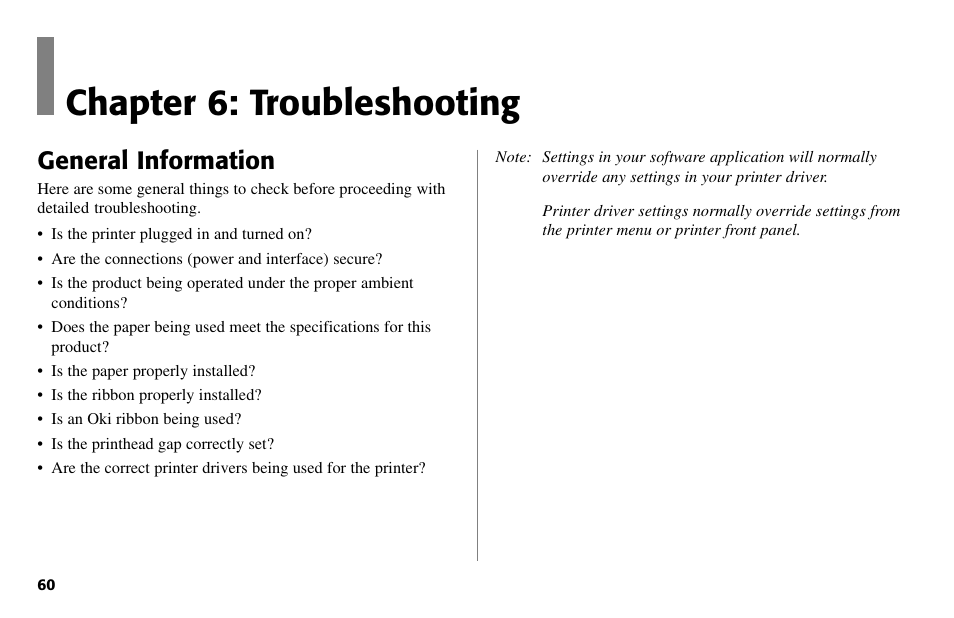 Chapter 6: troubleshooting, General information | Oki 80 Series User Manual | Page 60 / 97
