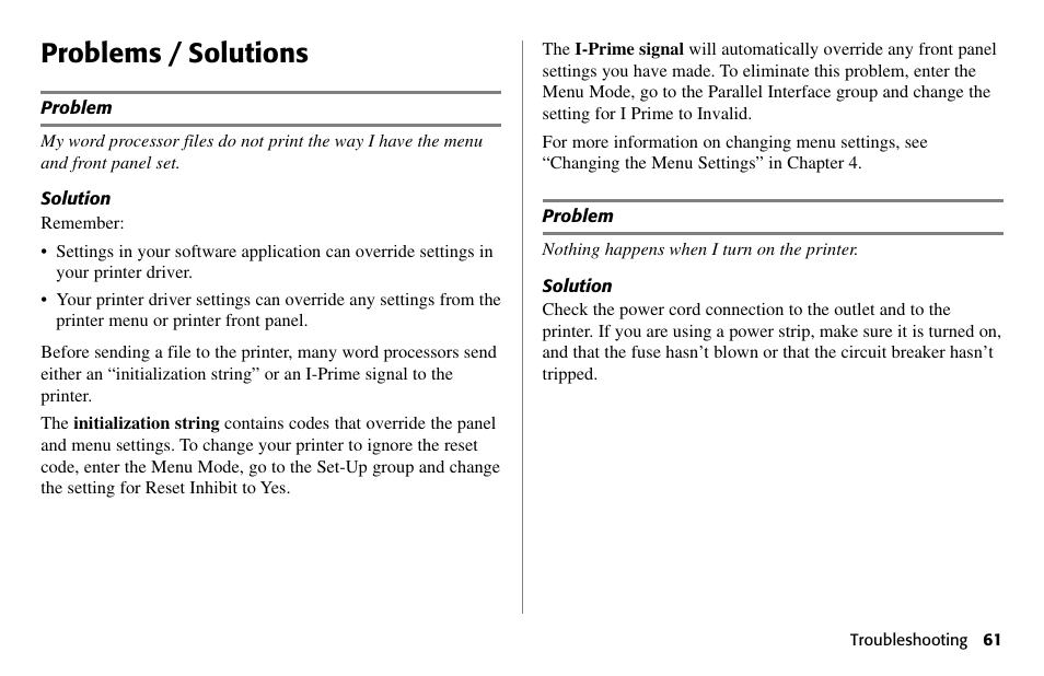 Problems / solutions | Oki 80 Series User Manual | Page 61 / 97