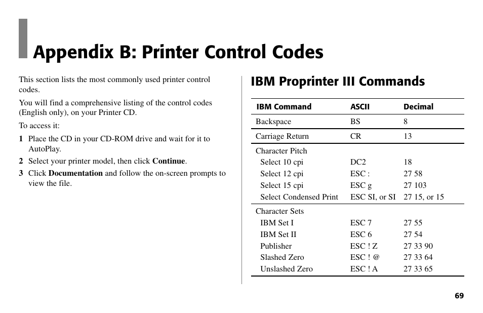 Appendix b: printer control codes, Ibm proprinter iii commands | Oki 80 Series User Manual | Page 69 / 97