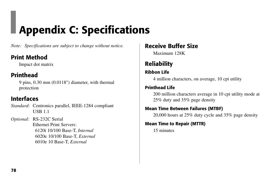 Appendix c: specifications | Oki 80 Series User Manual | Page 78 / 97