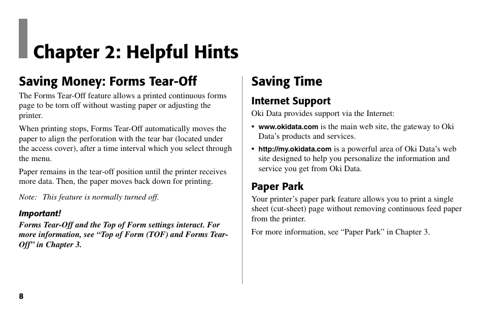 Chapter 2: helpful hints, Saving time, Saving money: forms tear-off | Oki 80 Series User Manual | Page 8 / 97