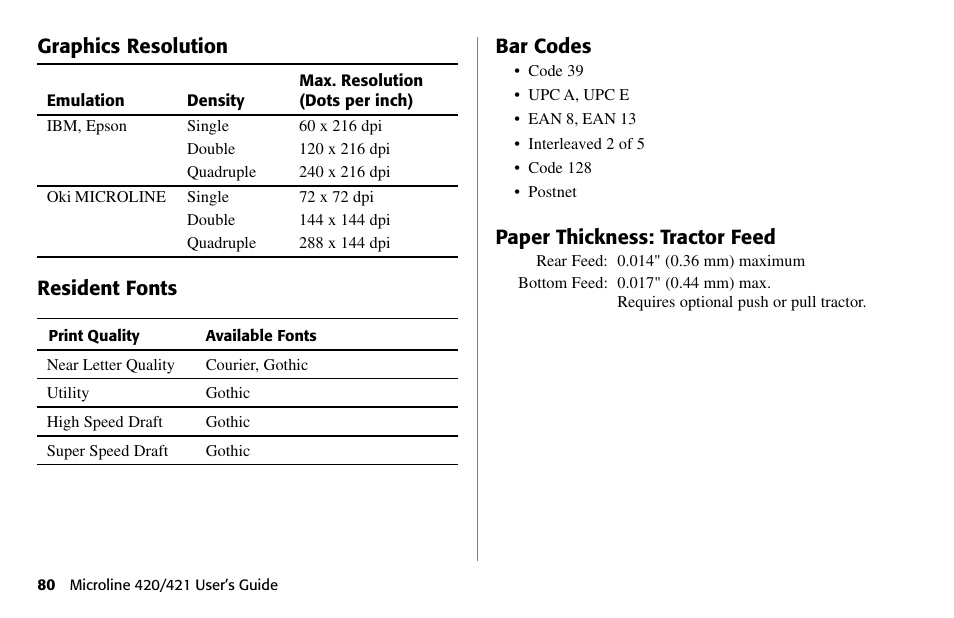 Graphics resolution, Resident fonts, Bar codes | Paper thickness: tractor feed | Oki 80 Series User Manual | Page 80 / 97