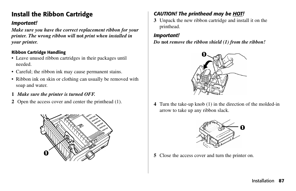 Install the ribbon cartridge | Oki 80 Series User Manual | Page 87 / 97