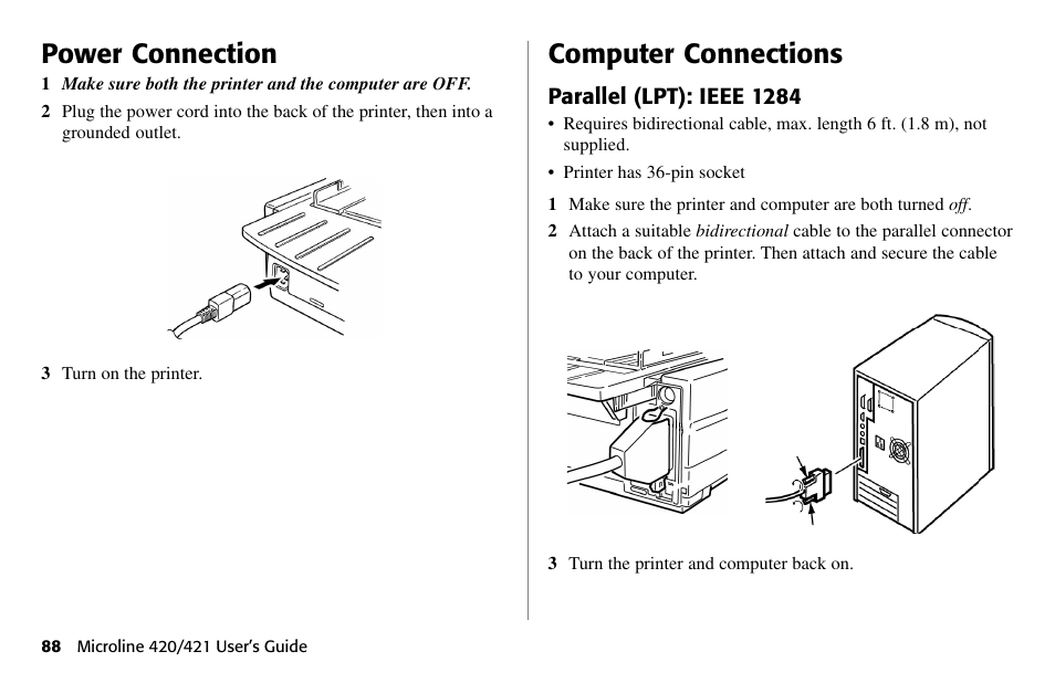 Power connection, Computer connections, Parallel (lpt): ieee 1284 | Oki 80 Series User Manual | Page 88 / 97