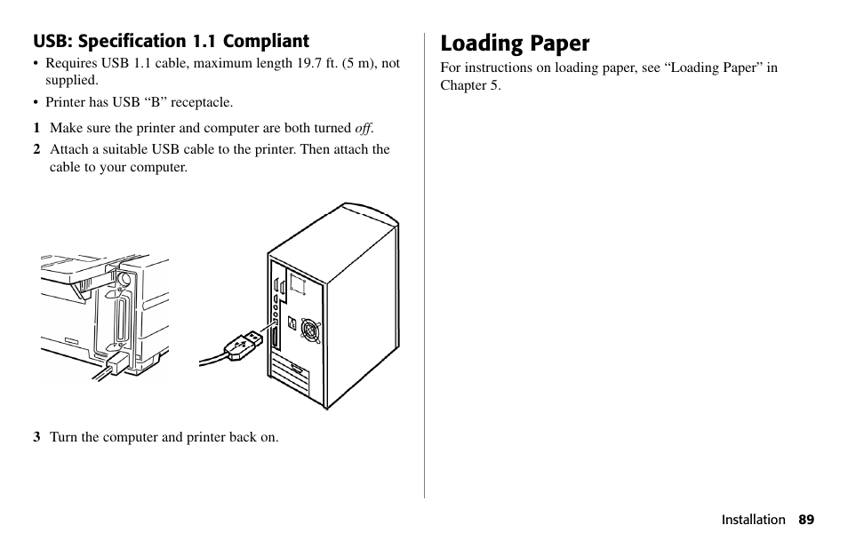 Loading paper, Usb: specification 1.1 compliant | Oki 80 Series User Manual | Page 89 / 97