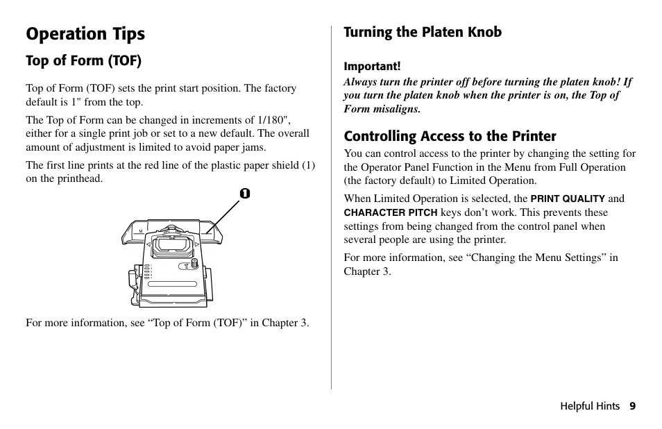 Operation tips, Top of form (tof), Turning the platen knob | Controlling access to the printer | Oki 80 Series User Manual | Page 9 / 97