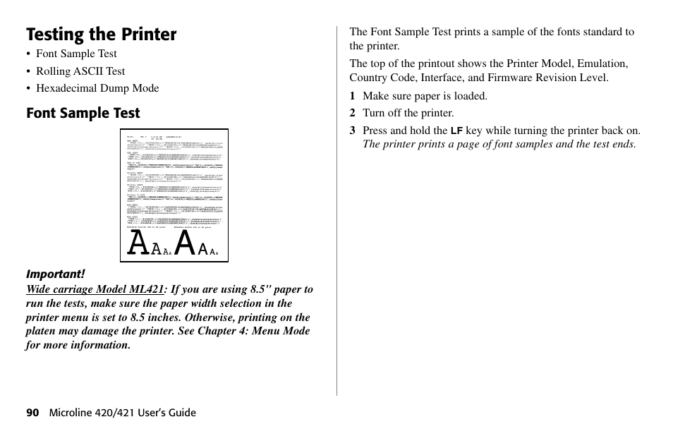 Testing the printer, Font sample test | Oki 80 Series User Manual | Page 90 / 97