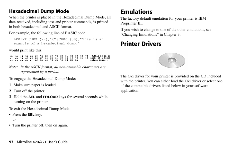 Emulations, Printer drivers, Hexadecimal dump mode | Oki 80 Series User Manual | Page 92 / 97