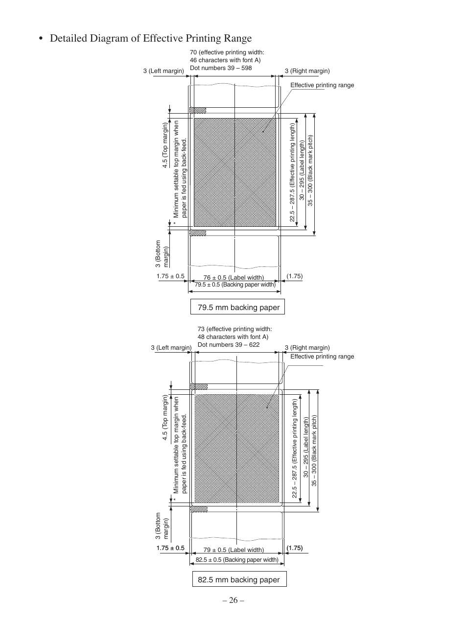 Detailed diagram of effective printing range, 5 mm backing paper | Oki Pos 407II User Manual | Page 30 / 65