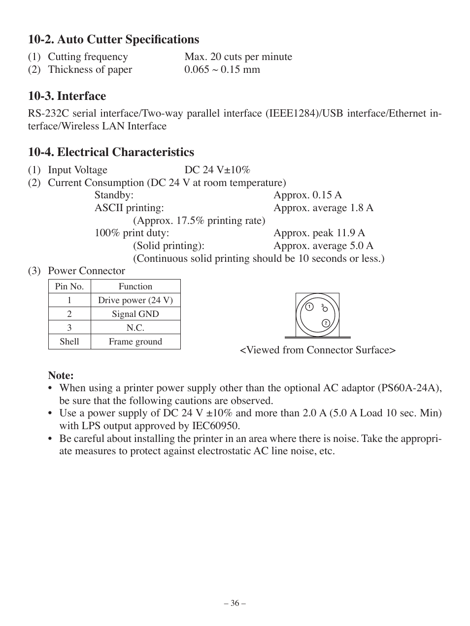 2. auto cutter specifications, 3. interface, 4. electrical characteristics | Oki Pos 407II User Manual | Page 40 / 65