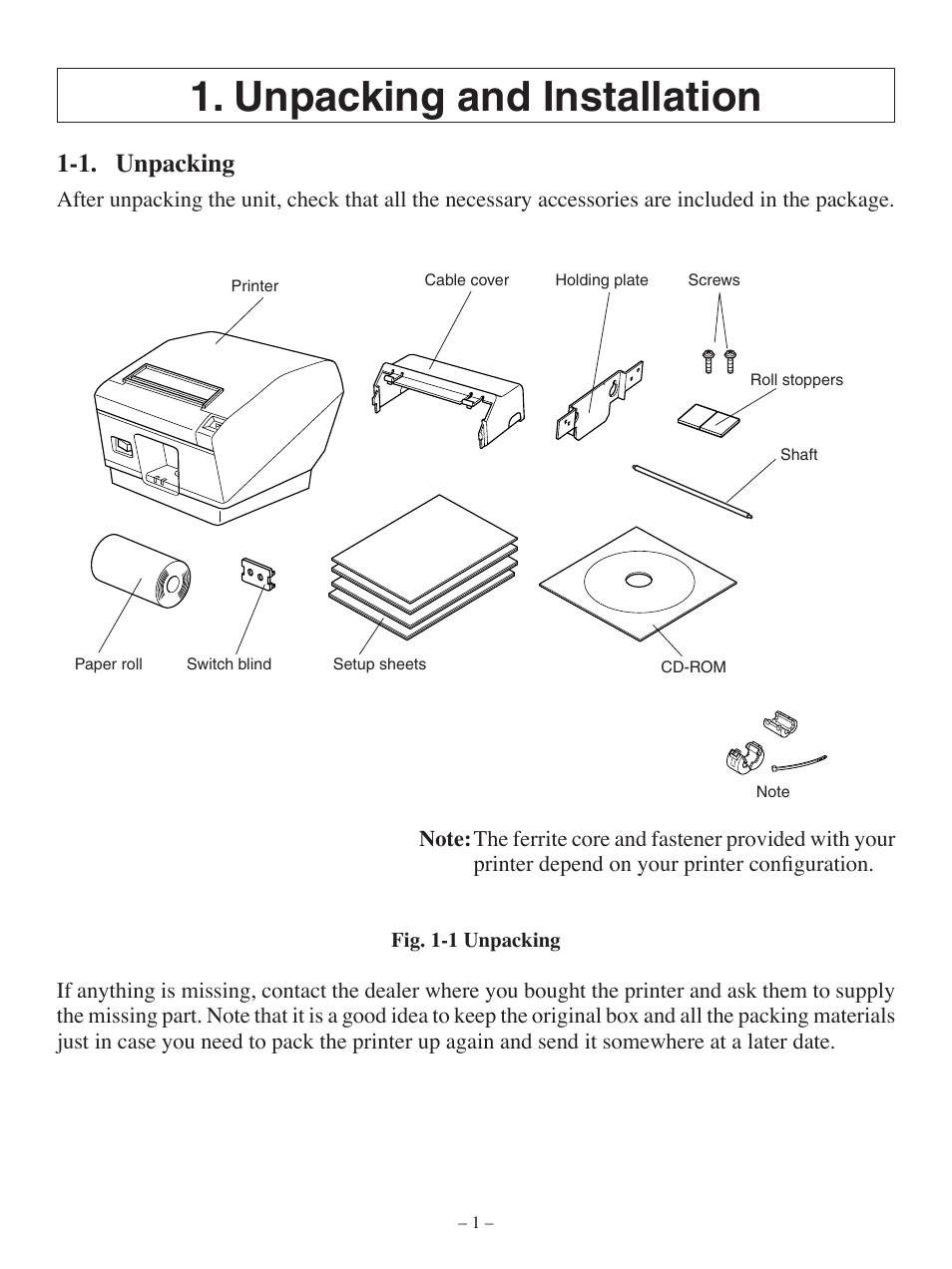 Unpacking and installation, 1. unpacking | Oki Pos 407II User Manual | Page 5 / 65