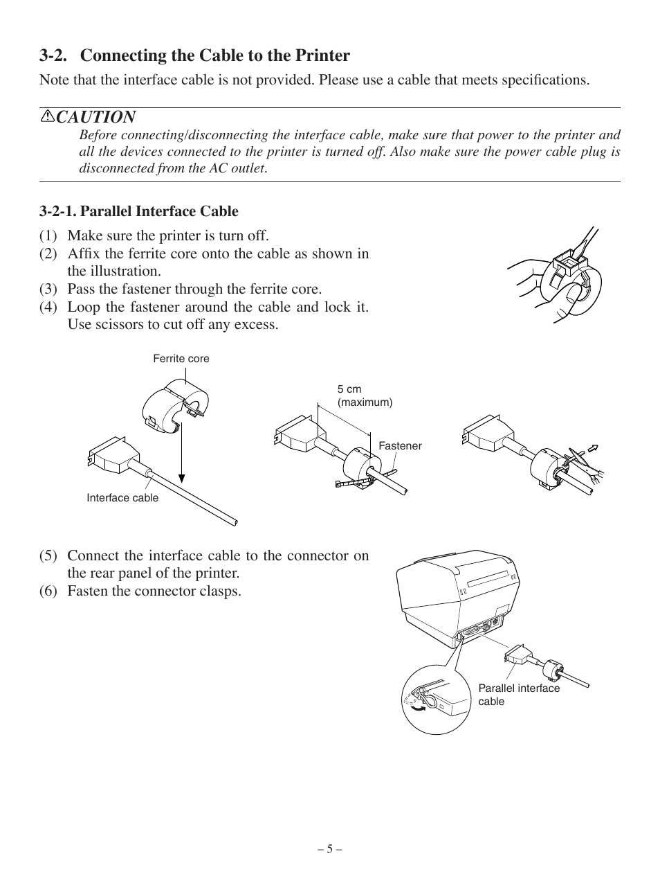 2. connecting the cable to the printer, Caution | Oki Pos 407II User Manual | Page 9 / 65