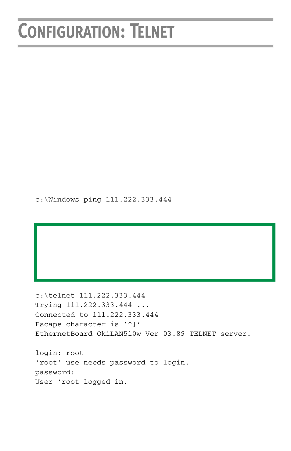 Configuration: telnet, Configuring using telnet, Onfiguration | Elnet | Oki LAN 510W User Manual | Page 38 / 44