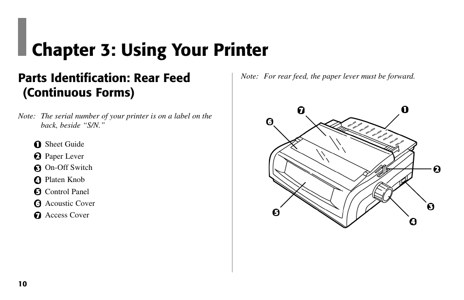 Chapter 3: using your printer, Parts identification: rear feed (continuous forms) | Oki 490 User Manual | Page 10 / 94