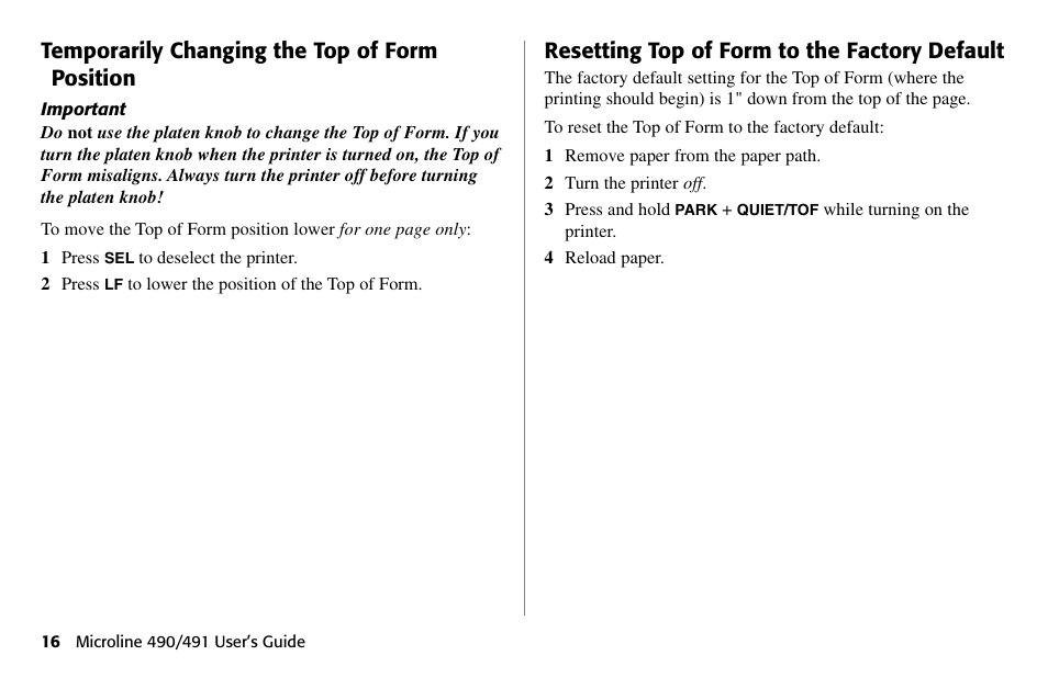 Temporarily changing the top of form position, Resetting top of form to the factory default | Oki 490 User Manual | Page 16 / 94