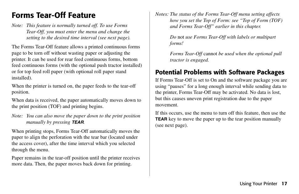 Forms tear-off feature, Potential problems with software packages | Oki 490 User Manual | Page 17 / 94