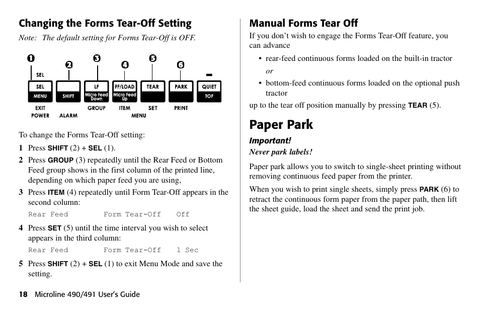 Paper park, Changing the forms tear-off setting, Manual forms tear off | Oki 490 User Manual | Page 18 / 94