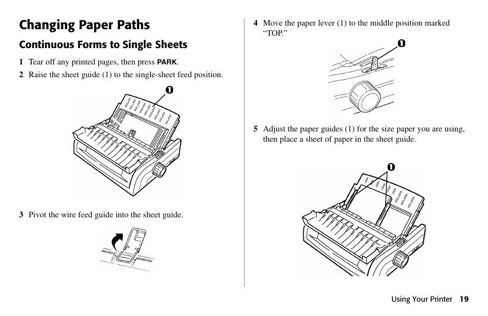 Changing paper paths, Continuous forms to ÿ single sheets | Oki 490 User Manual | Page 19 / 94