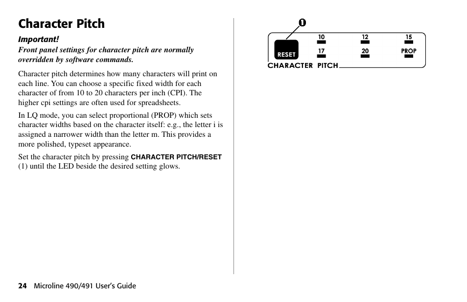 Character pitch | Oki 490 User Manual | Page 24 / 94