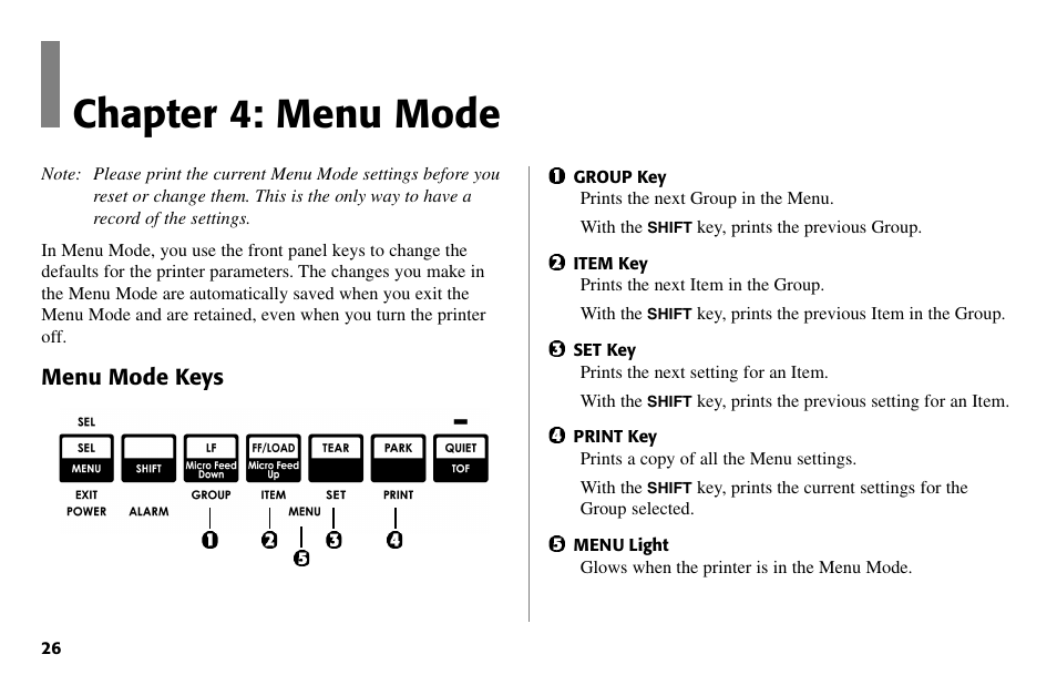 Chapter 4: menu mode, Menu mode keys | Oki 490 User Manual | Page 26 / 94