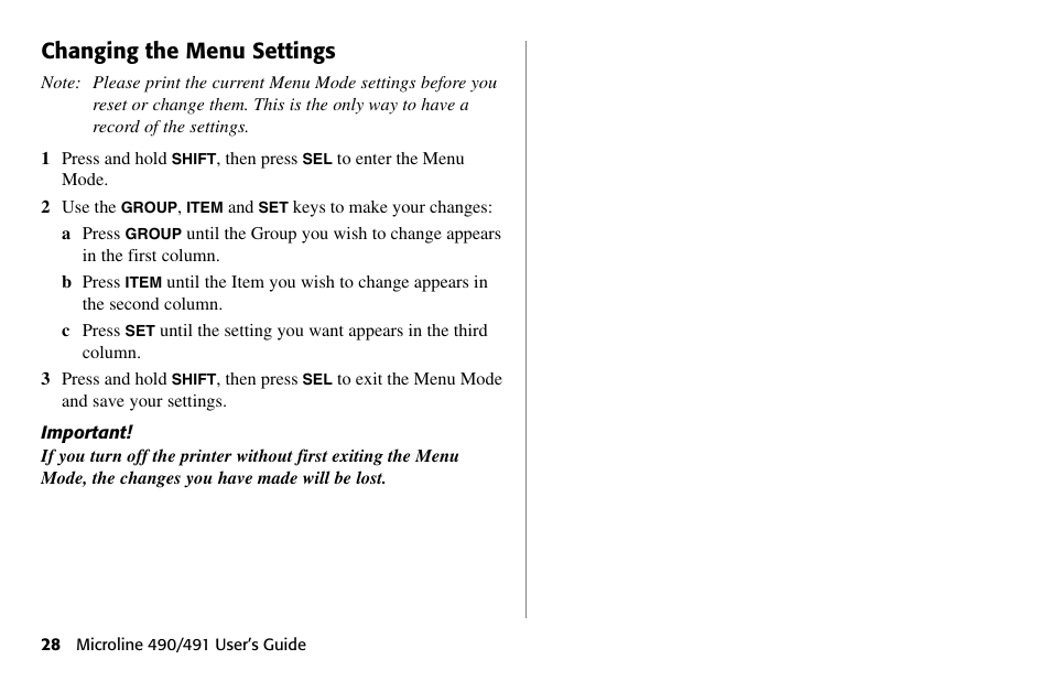 Changing the menu settings | Oki 490 User Manual | Page 28 / 94