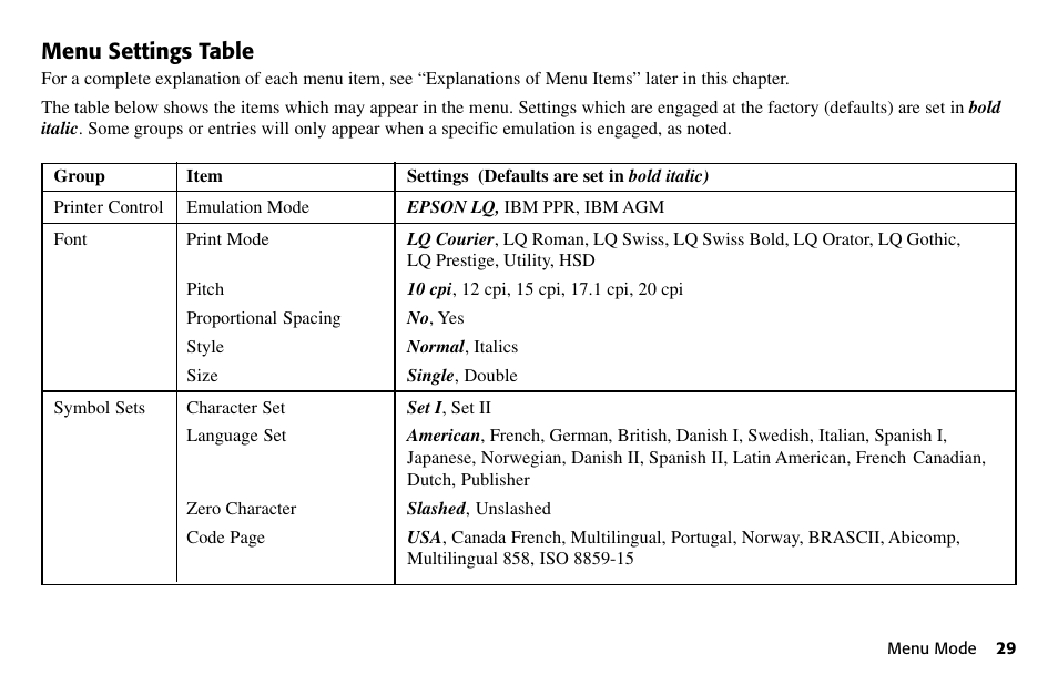 Menu settings table | Oki 490 User Manual | Page 29 / 94