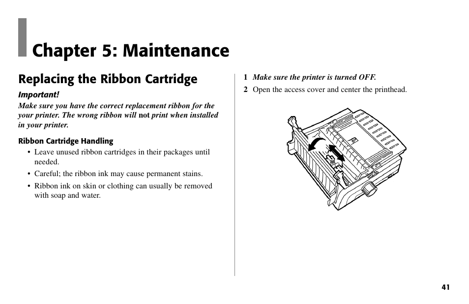 Chapter 5: maintenance, Replacing the ribbon cartridge | Oki 490 User Manual | Page 41 / 94