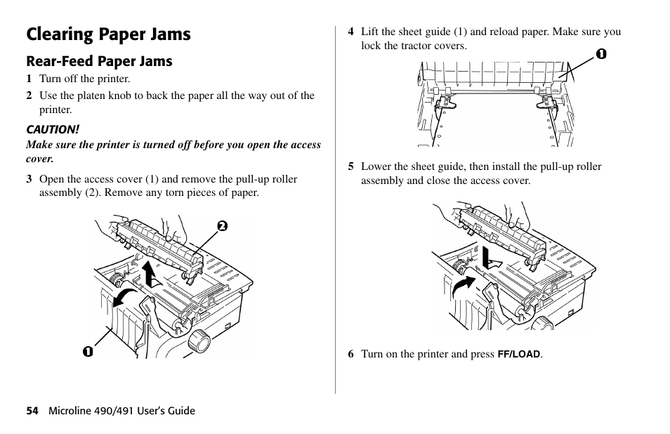 Clearing paper jams, Rear-feed paper jams | Oki 490 User Manual | Page 54 / 94