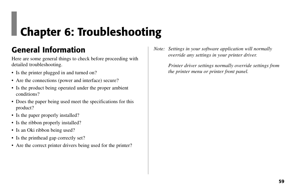 Chapter 6: troubleshooting, General information | Oki 490 User Manual | Page 59 / 94