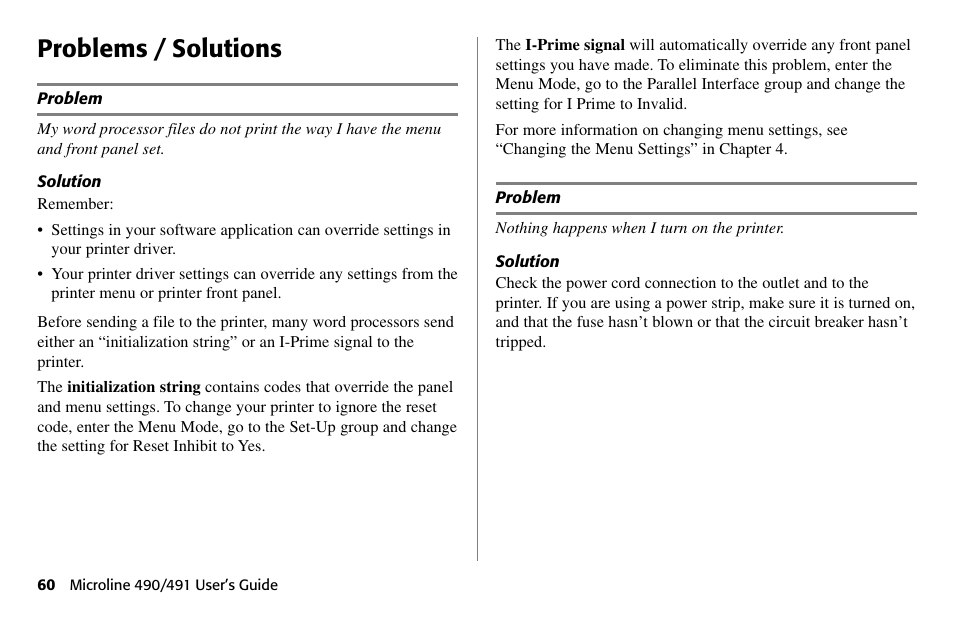 Problems / solutions | Oki 490 User Manual | Page 60 / 94