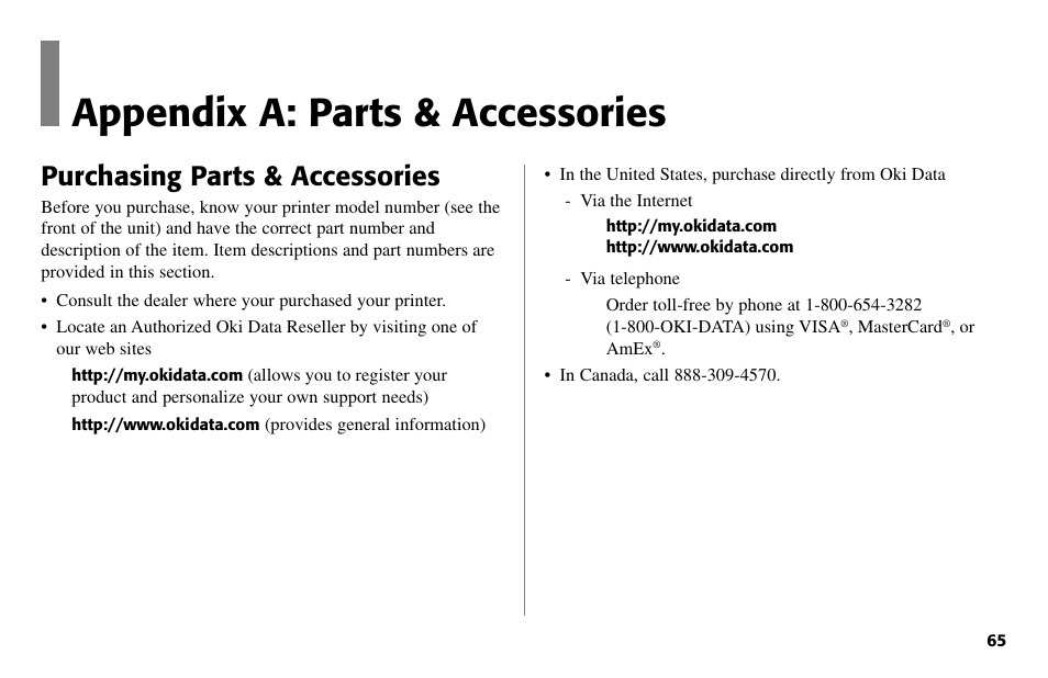 Appendix a: parts & accessories, Purchasing parts & accessories | Oki 490 User Manual | Page 65 / 94