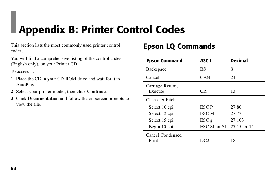 Appendix b: printer control codes, Epson lq commands | Oki 490 User Manual | Page 68 / 94