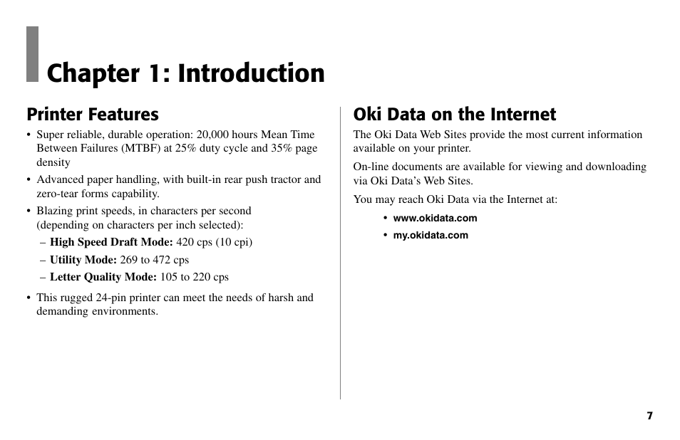 Chapter 1: introduction, Oki data on the internet, Printer features | Oki 490 User Manual | Page 7 / 94