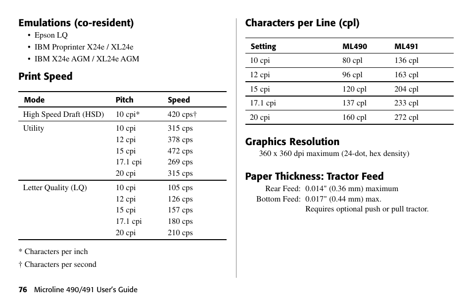 Emulations (co-resident), Print speed, Characters per line (cpl) | Graphics resolution, Paper thickness: tractor feed | Oki 490 User Manual | Page 76 / 94