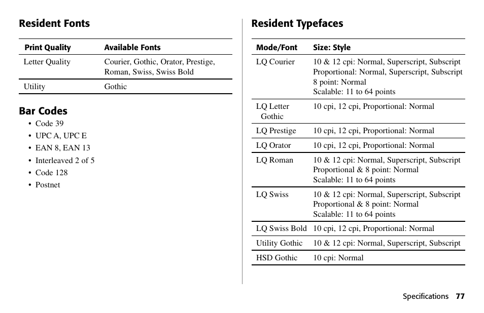 Resident fonts, Bar codes, Resident typefaces | Oki 490 User Manual | Page 77 / 94