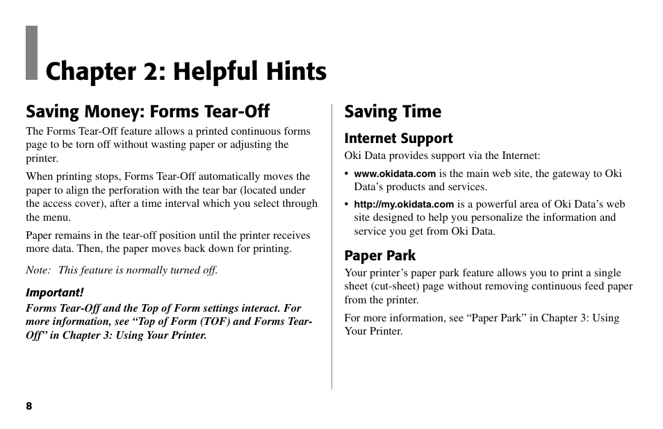 Chapter 2: helpful hints, Saving time, Saving money: forms tear-off | Oki 490 User Manual | Page 8 / 94