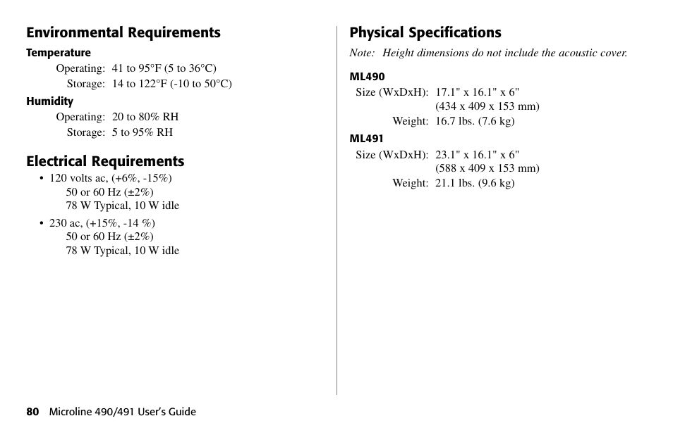 Environmental requirements, Electrical requirements, Physical specifications | Oki 490 User Manual | Page 80 / 94