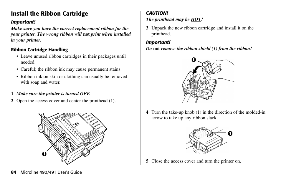 Install the ribbon cartridge | Oki 490 User Manual | Page 84 / 94