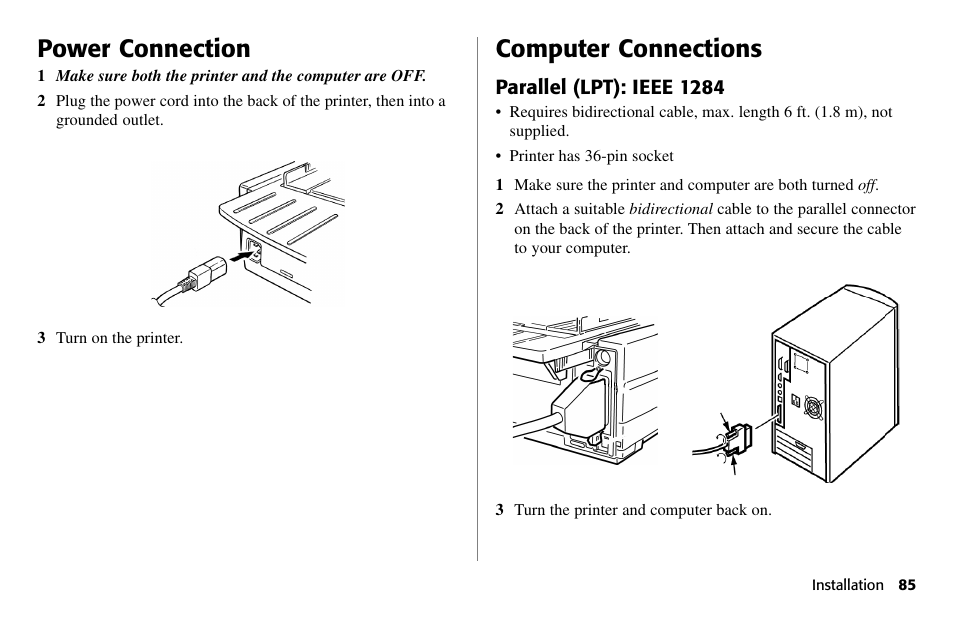 Power connection, Computer connections, Parallel (lpt): ieee 1284 | Oki 490 User Manual | Page 85 / 94