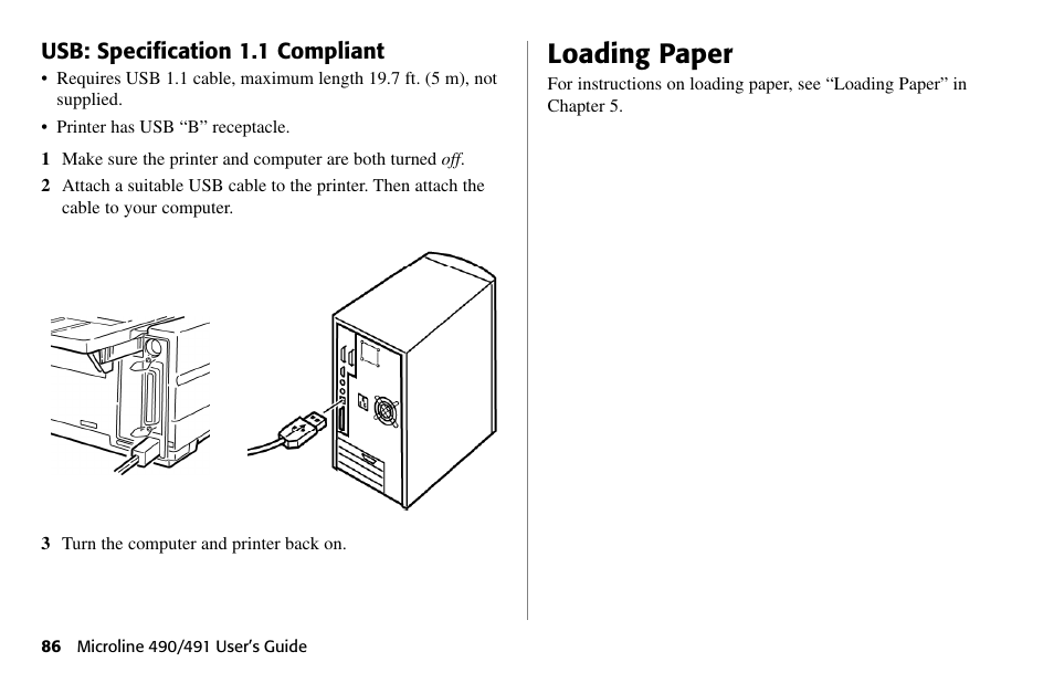 Loading paper, Usb: specification 1.1 compliant | Oki 490 User Manual | Page 86 / 94