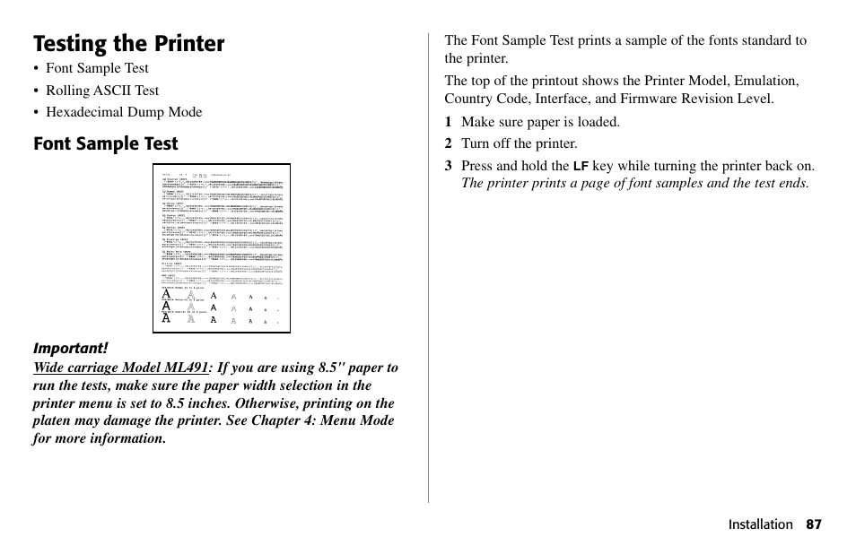 Testing the printer, Font sample test | Oki 490 User Manual | Page 87 / 94