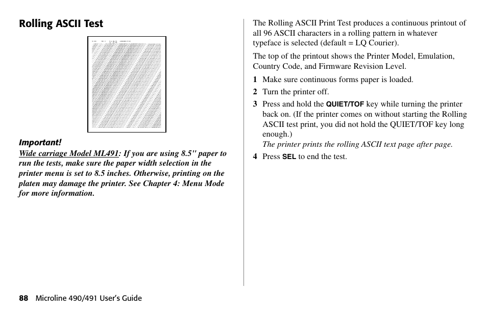 Rolling ascii test | Oki 490 User Manual | Page 88 / 94