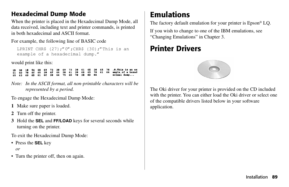 Emulations, Printer drivers, Hexadecimal dump mode | Oki 490 User Manual | Page 89 / 94