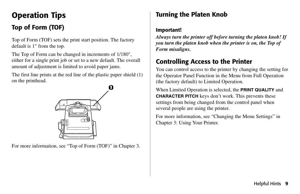 Operation tips, Top of form (tof), Turning the platen knob | Controlling access to the printer | Oki 490 User Manual | Page 9 / 94