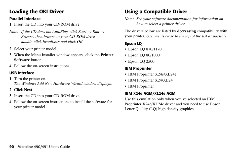 Loading the oki driver, Using a compatible driver | Oki 490 User Manual | Page 90 / 94