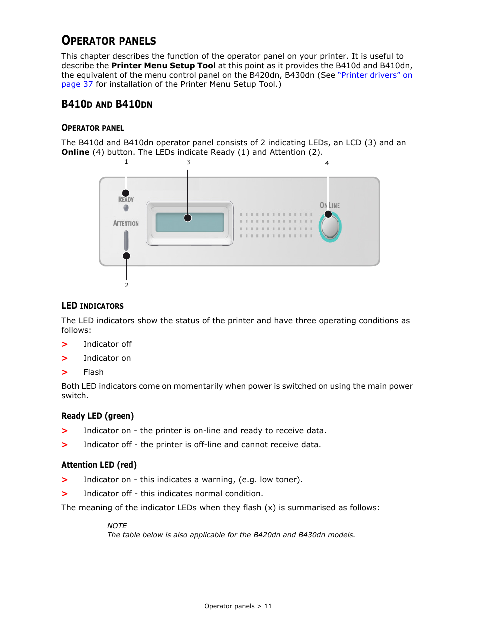 Operator panels, B410d and b410dn, Operator panel | Led indicators, Perator, Panels, B410 | Oki B 410dn User Manual | Page 11 / 84