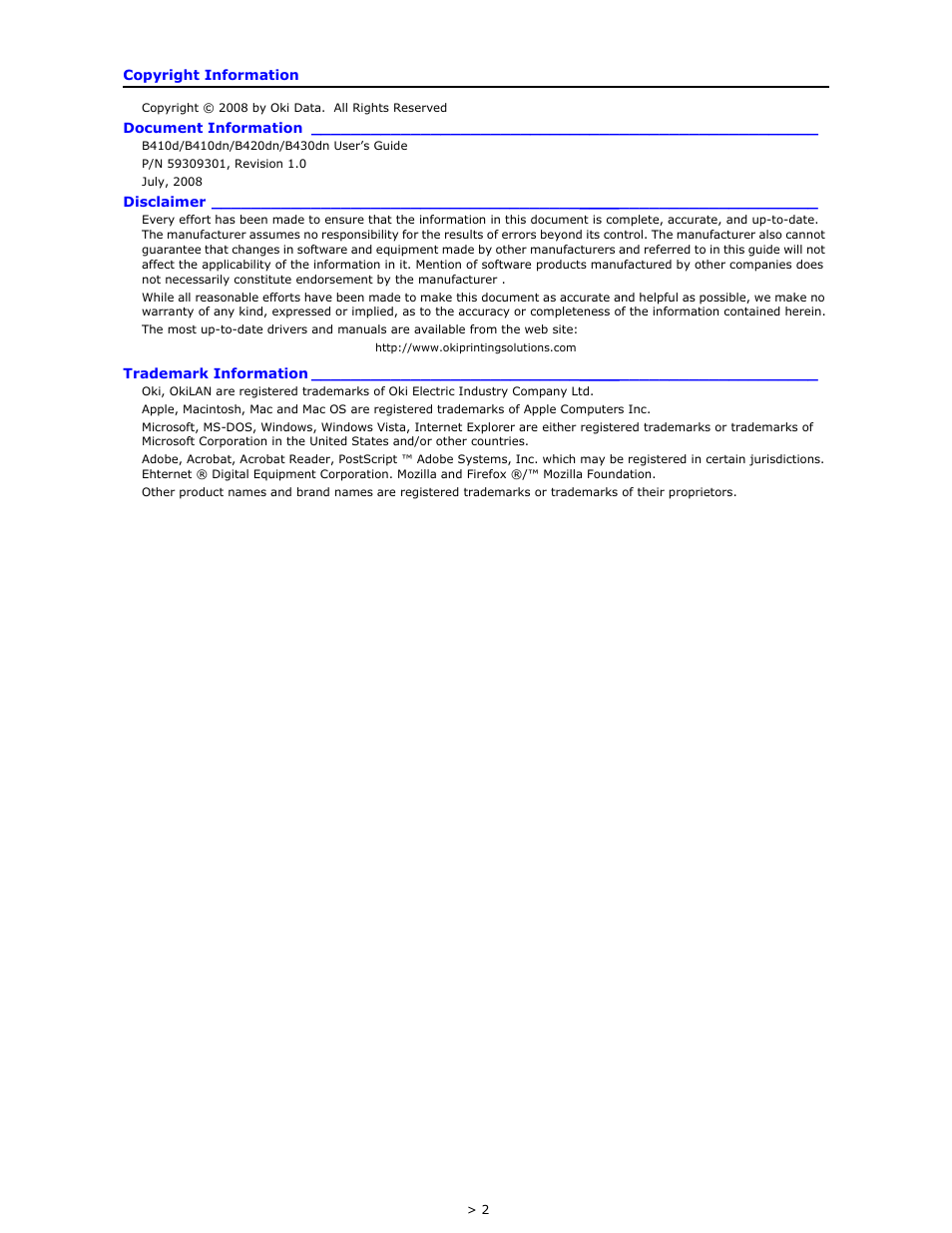 Document information, Disclaimer, Trademark information | Oki B 410dn User Manual | Page 2 / 84